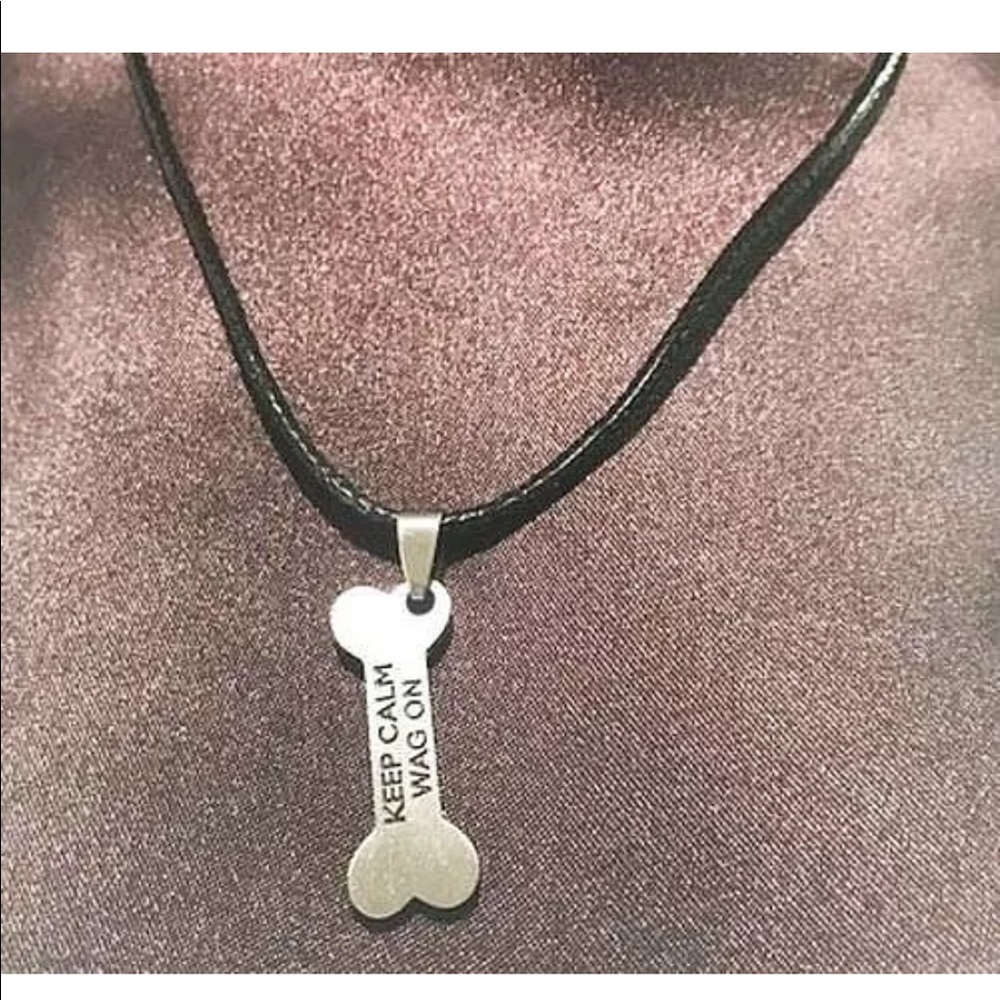 Dog Bone Necklace "Keep Calm Wag On" Black Cord SS